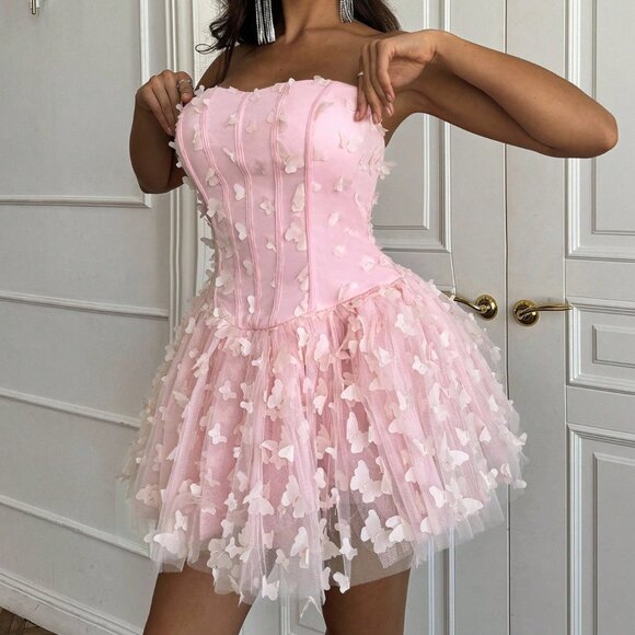 Pink Elegant Women's Cute & Sexy 3d Butterfly Decor Puff Dress - Picture 5 of 7